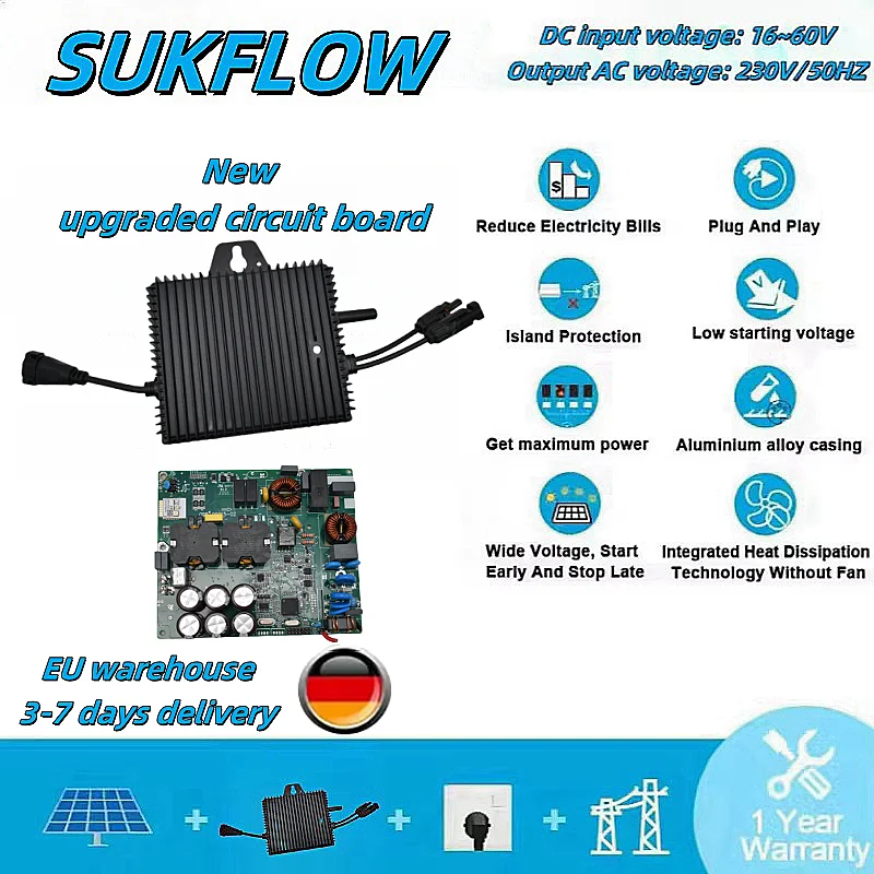 

SUKFLOW 600 Вт солнечная сеть микроинвертор MPPT вход DC16V-60V фотоэлектрический выход AC190V-270V домашняя солнечная система в сети
