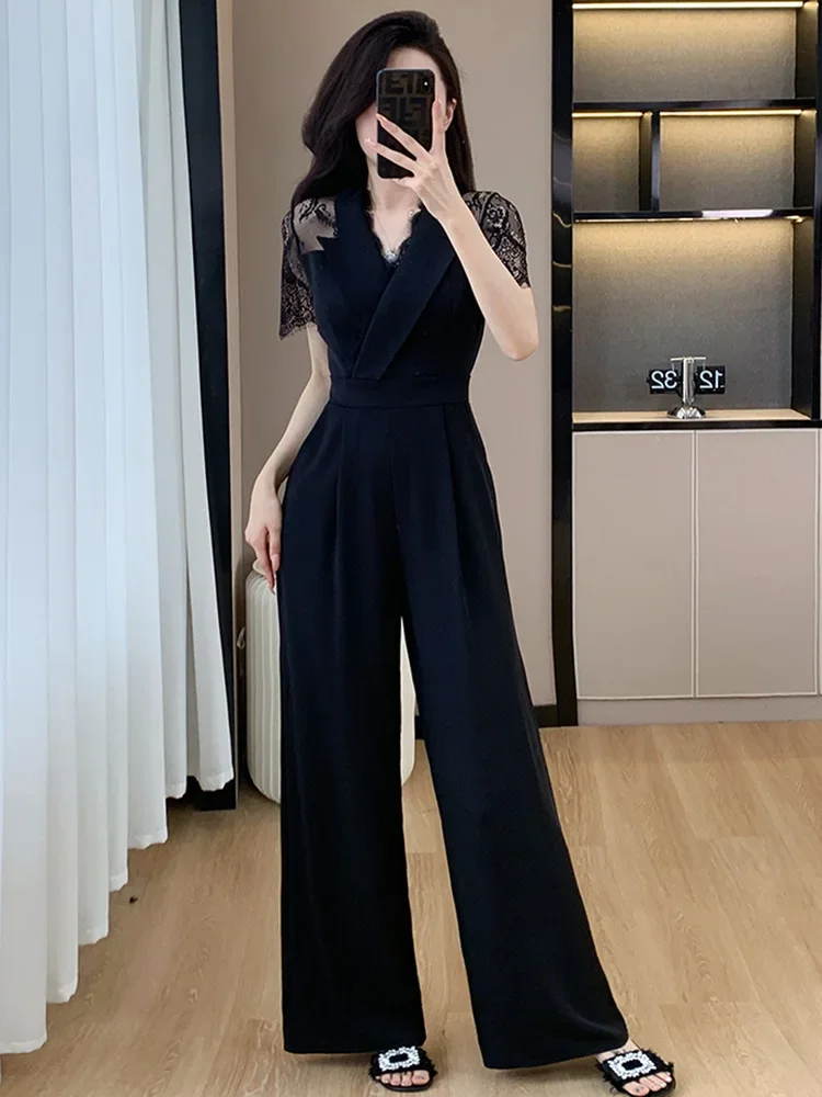 2024 Summer Elegant Fashion Sexy Lace Splicing Jumpsuit for Women V Neck Short Sleeve Office OL High Waist Slim Wide Leg Rompers