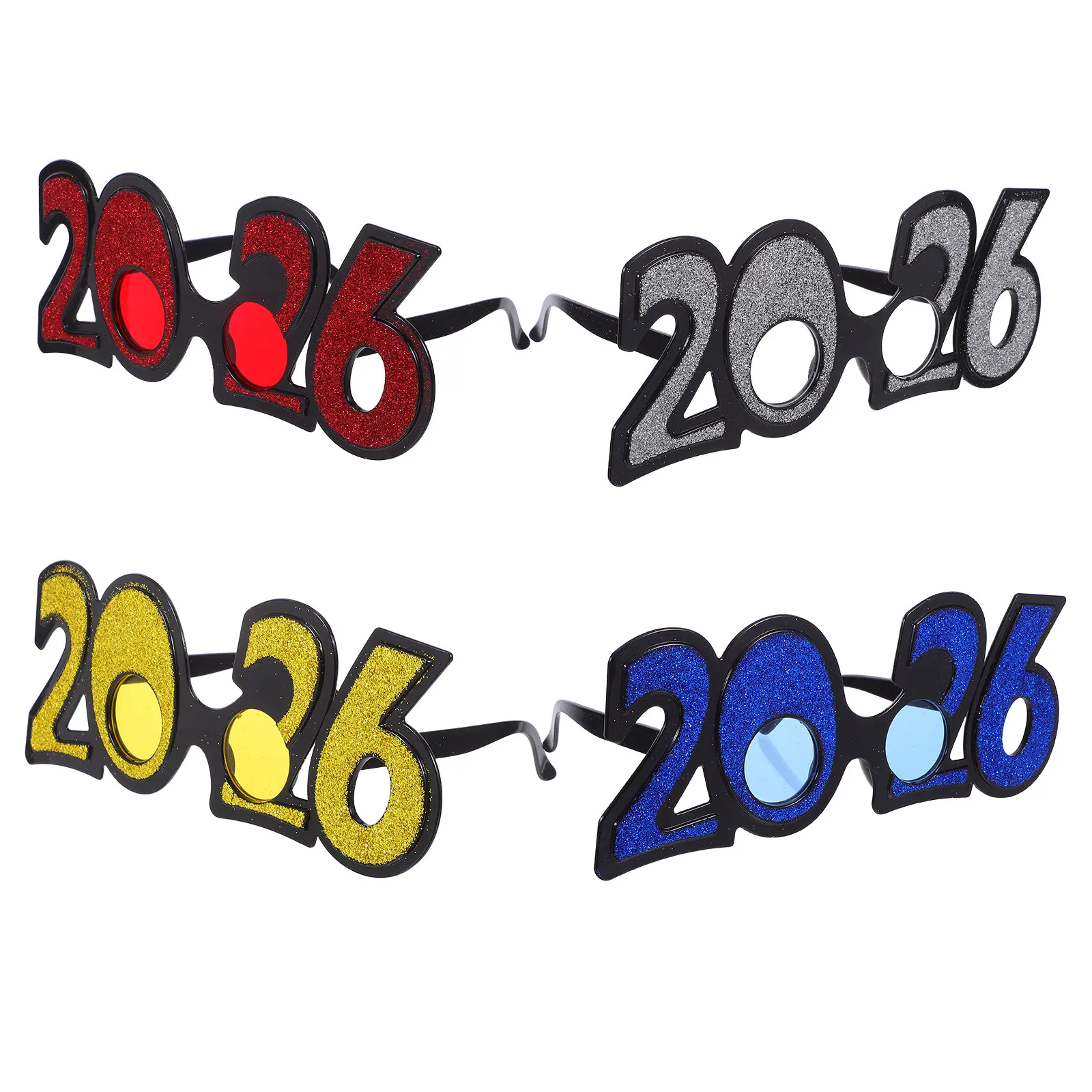 

Набор из 4 праздничных очков с плоской оправой и блестками, пластиковые, для Нового года, дня рождения, выпускного 2026, реквизит для фотозоны