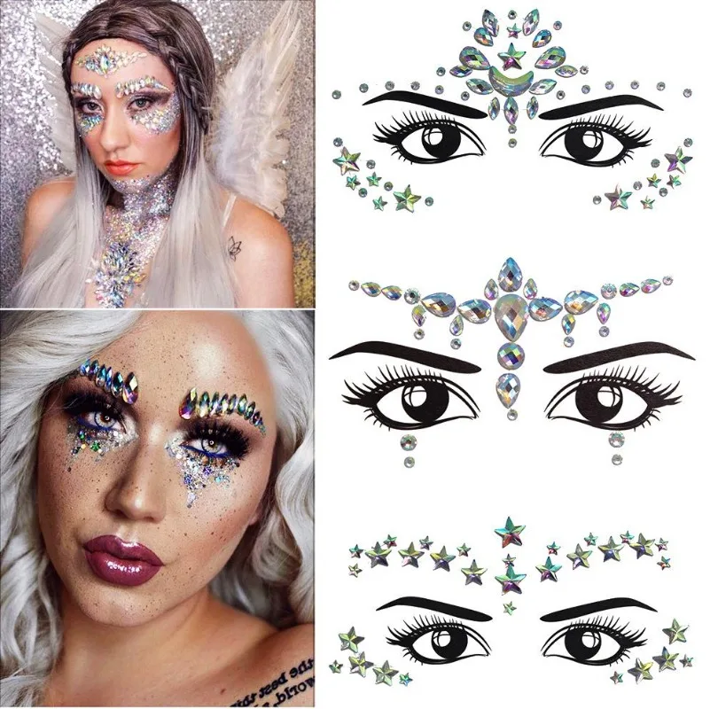 

1PC Masquerade Shiny Face Decoration 3D Crystal Sticker Music Festival Trendy Shiny Acrylic Sticker Temporary Tattoo Sticker