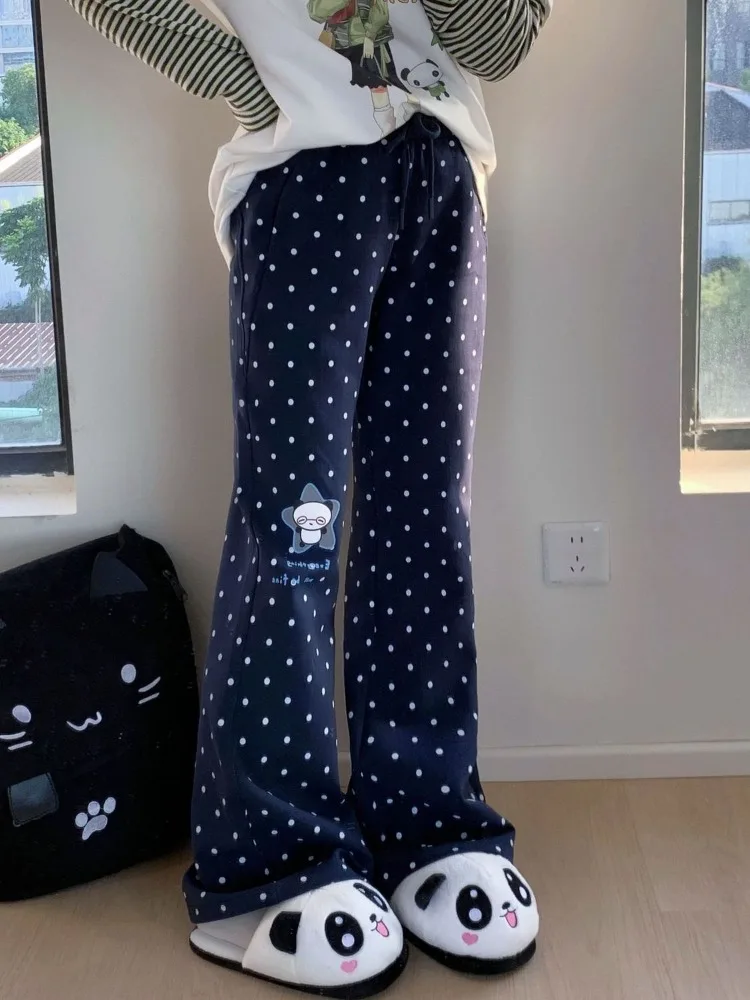 Korean Style Sweet Polka Dot Panda Print Pants Harajuku Chic Cotton Thin Flared Long Pants Women Japan Loose Fit Casual Clothing