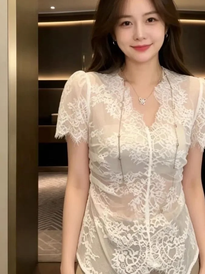 Summer 2026 Sexy Lace Splicing Hollow out Short Sleeve Top Inner Wear Base Shirt Transparent Luxury V-neck Commute Style Wome...