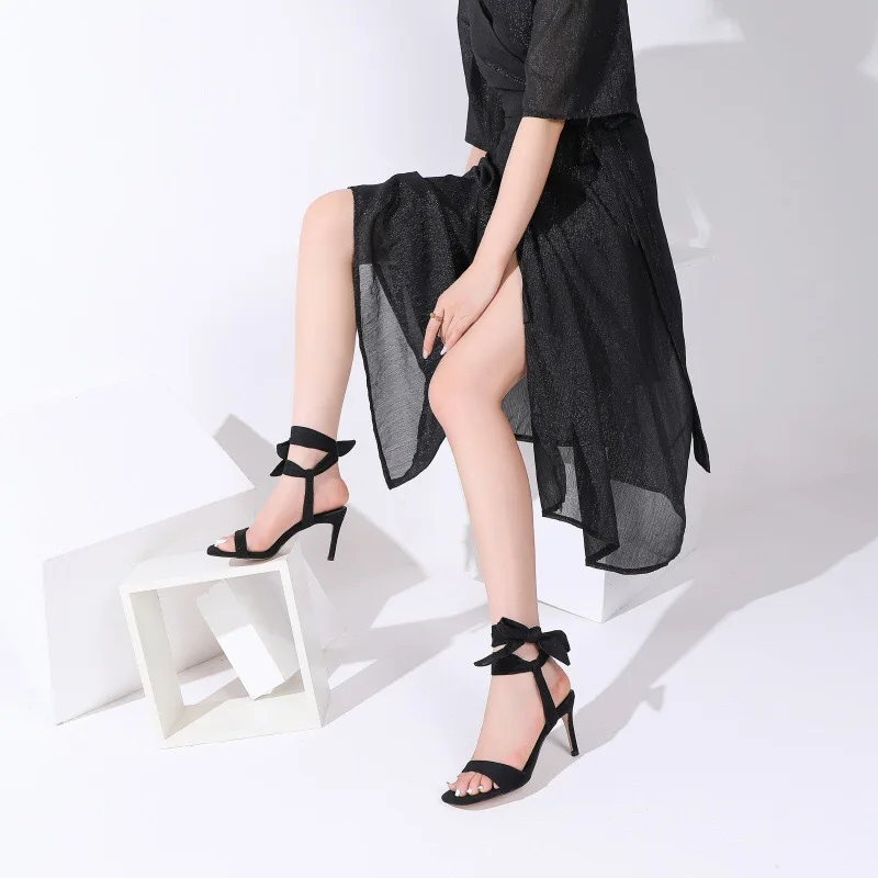 2026 Women's Silver Satin Fabric Large Bow Tie Ankle Strap Open Toe Square Toe Stiletto High Heel Party Sandals Q-676 view 4