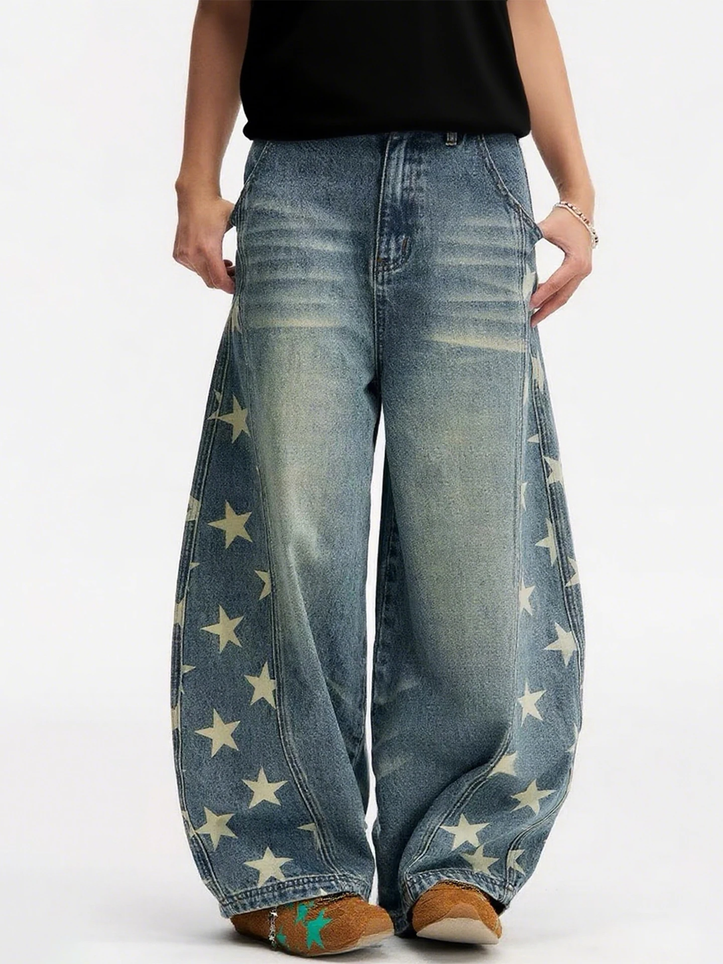 

Американские ретро-джинсы с принтом звезд по бокам, мужские и женские, свободного кроя, повседневные, для пар, свободные джинсы-леггинсы