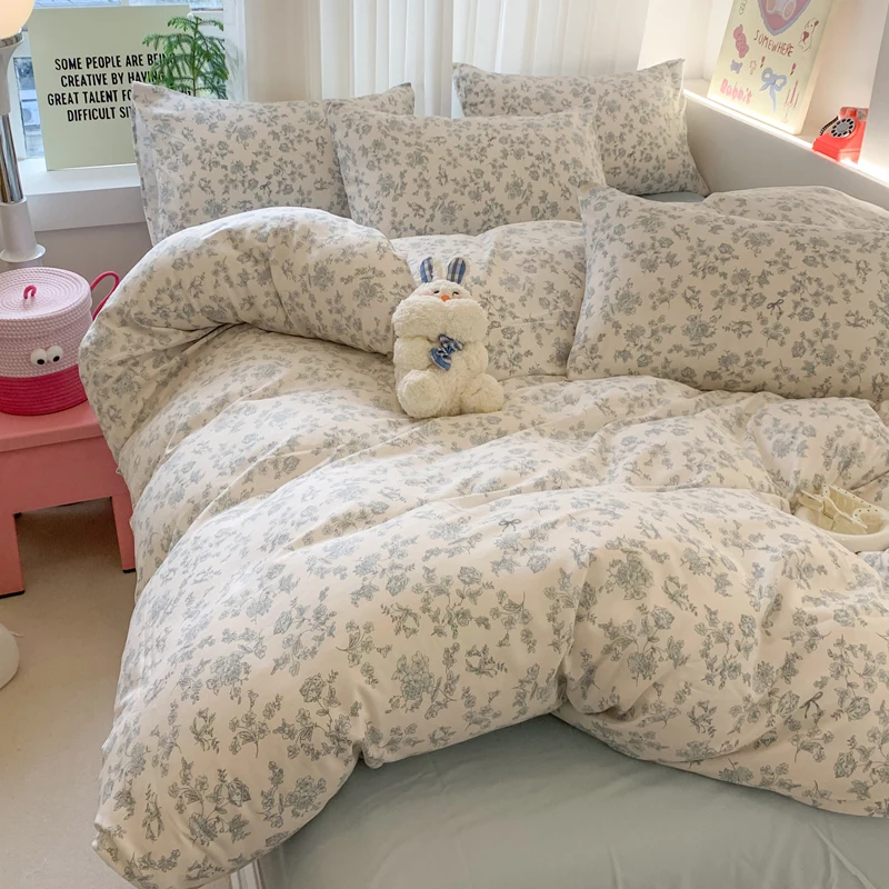 Floral Double layer yarn Bedding Set For adults kids Knitted Cotton Flat Sheet With Pillowcases Colorful King Queen Full size