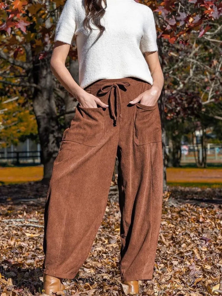 Autumn And Winter Corduroy Casual Slimming Harlan Pants Women's Commuting Mid-waist Wide-leg Solid Color Nine-point Short Pants