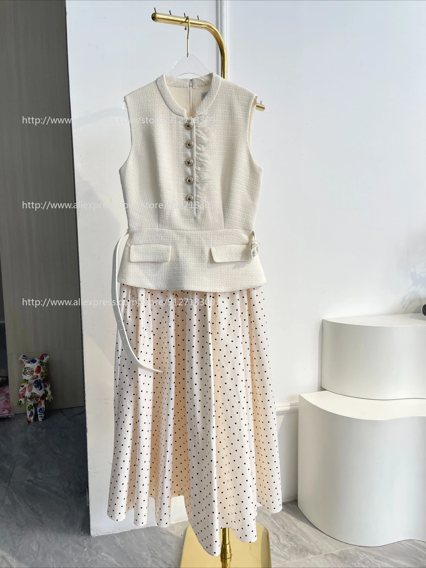 

Women's Casual White Tweed Sleeveless Black Dot Print Midi Long Dresses