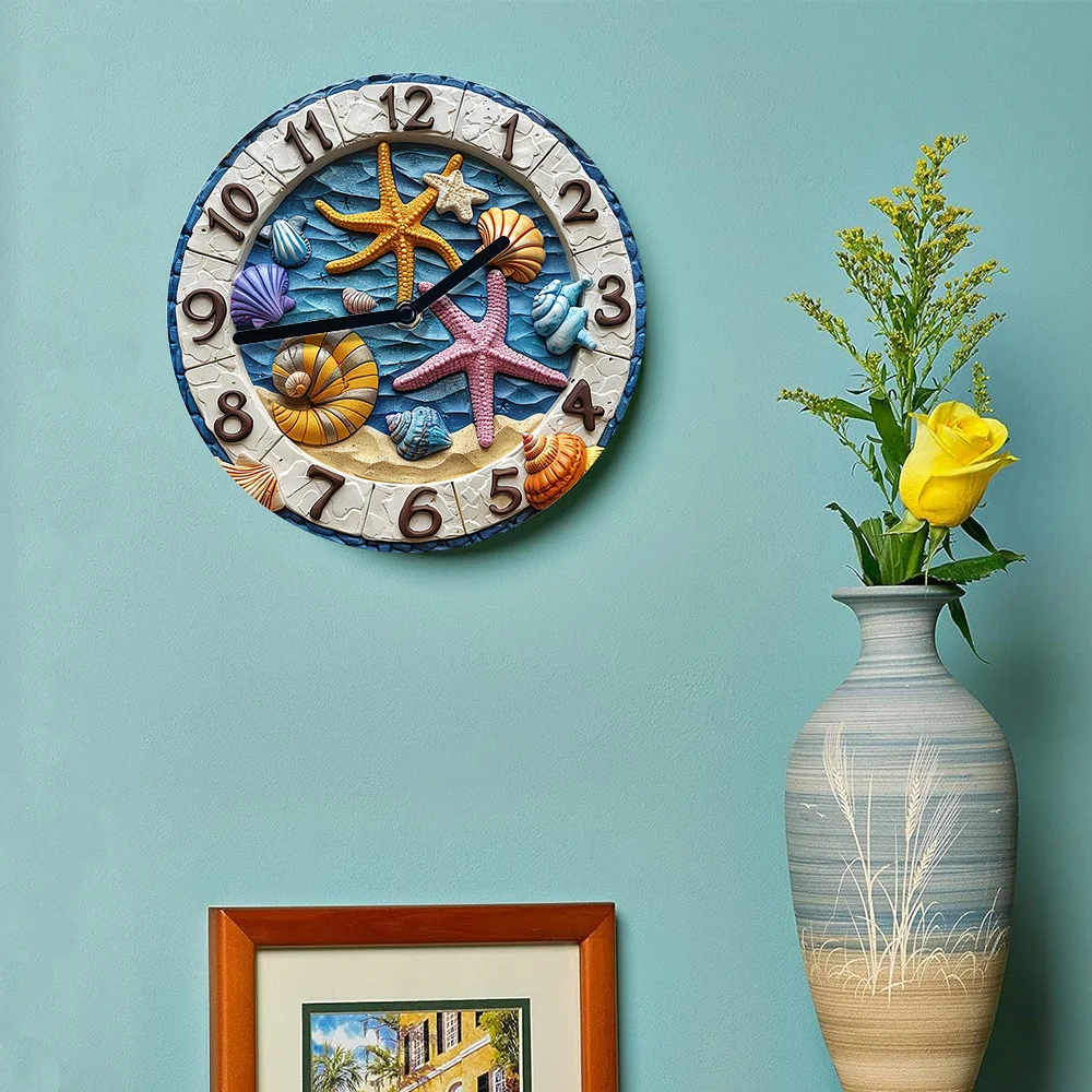 Starfish Seashell Beach Theme Wall Clock - DIY Art Kit with Movements, High-Definition Printing, Home Decor and Graduation Gift