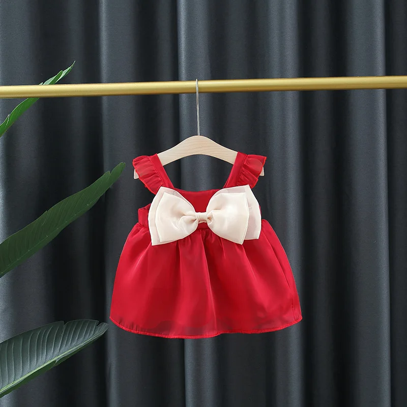 New Summer Girl Dress Sweet Solid Color Big Bow Flying Sleeves Mesh Dress Princess Dress Suitable for 0-3 Year Old Babies