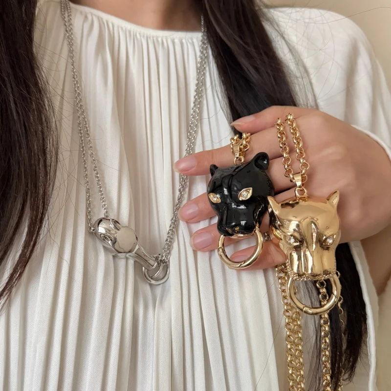 Vintage Emaille Leopardenkopf Anhänger Halsketten für Damen und Herren, Übertriebene Metallkette, Dicke Pulloverkette, Modisches Accessoire – Detail 2