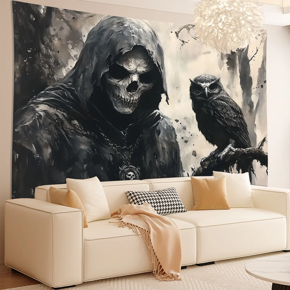 Eerie Grim Reaper Tapestry with an Owl Companion for a Hauntingly Beautiful Wall Accent