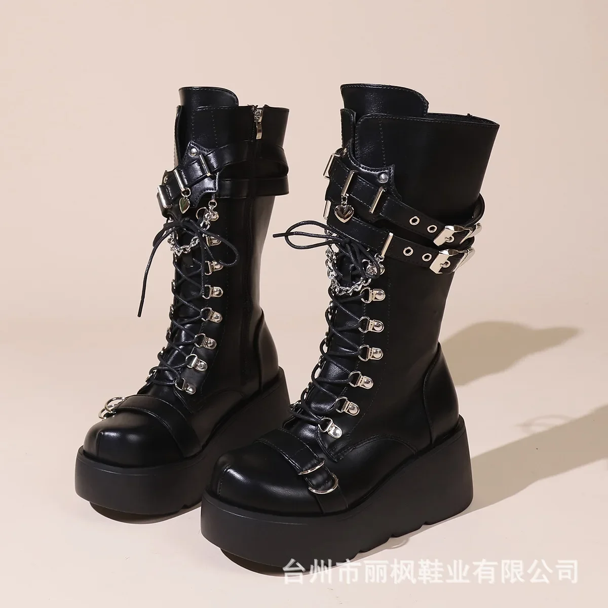 2025 new Platform Boots Riveted Buckle Wedges High Women's Boots Punk Spice Chic Biker Rider Boots