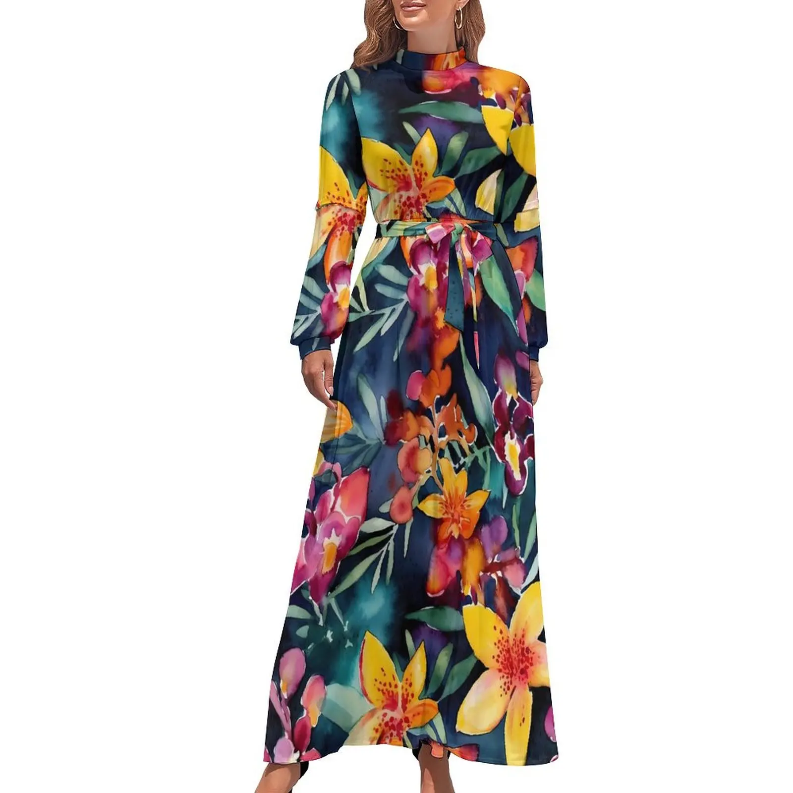 

Orchid And Lily Floral Dress Flowers Print Elegant Pattern Maxi Dress High Neck Long-Sleeve Korean Fashion Bohemia Long Dresses