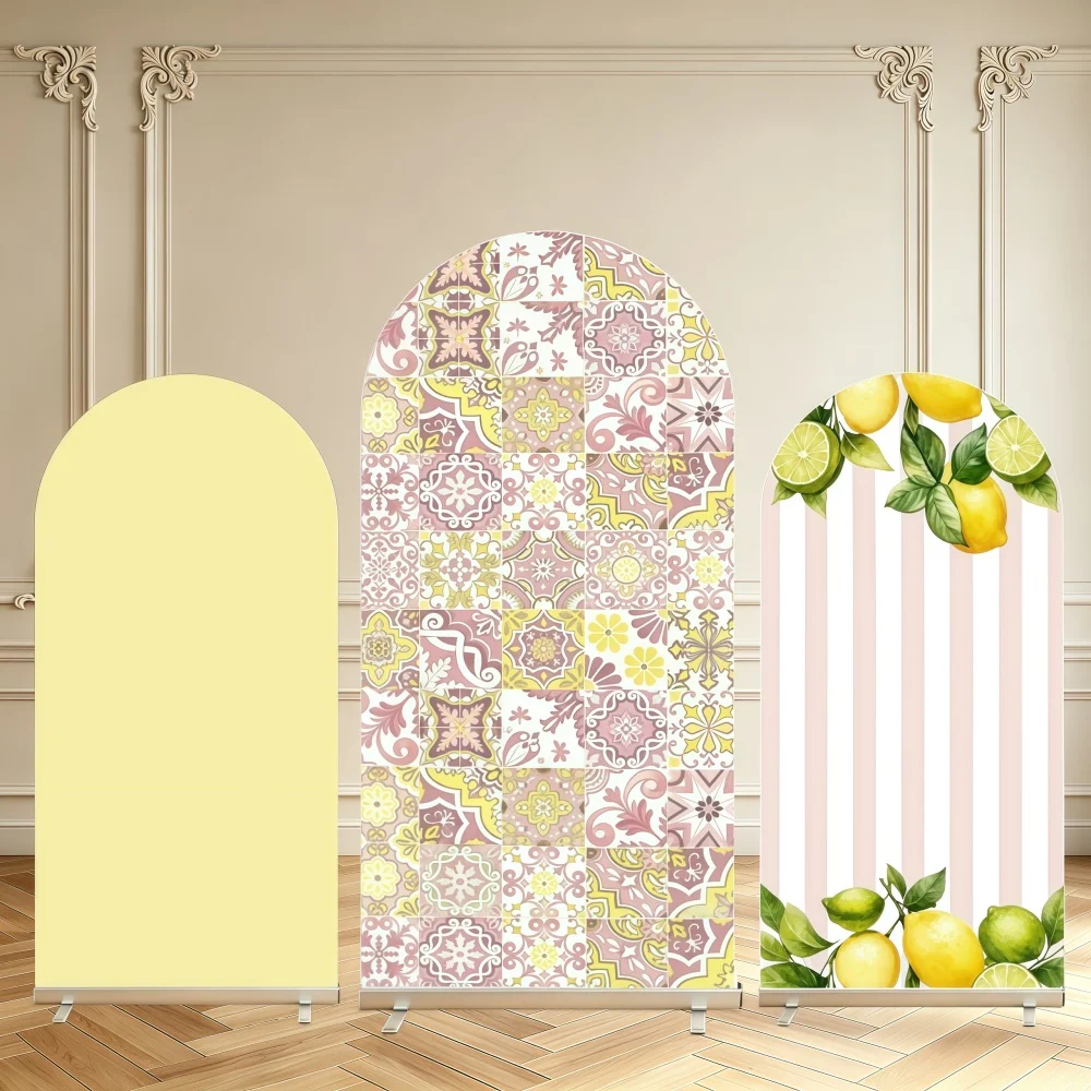 Lemon Theme Arch Backdrop Cover Moroccan Tile Pink Striped Lemon Fruit Wedding Birthday Decor Double Sided Arch Cover Background