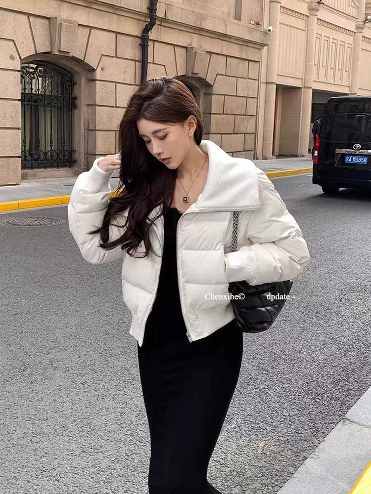 PU Leather Splicing Non Washable Down Jacket Women Short Style 2025 Winter New Laple Collar Trendy White Duck Down Coat