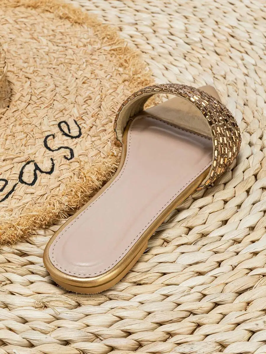 

Pointed Toe Rhinestone Slip-On Flat Sandals For Women Summer Casual