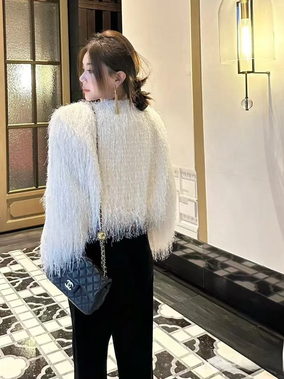 Fall New Style Women's round Neck Button down Feather Trimmed Long Sleeve Jacket Casual Loose Fit Polyester Fiber Coat