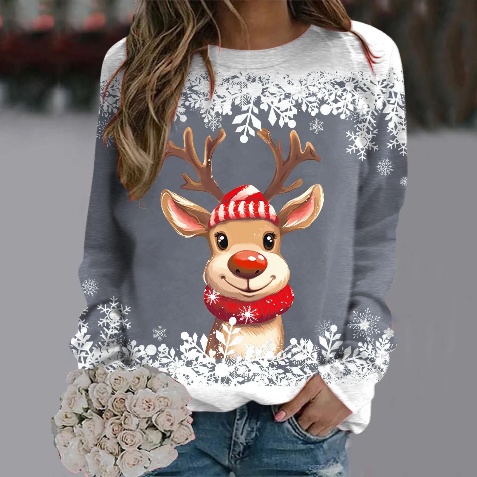 Teen Girls Long Sleeve Crewneck Sweatshirt  Sweaters For Women Christmas Cute Reindeer Graphic Xmas Shirts Fleece Clothes Women