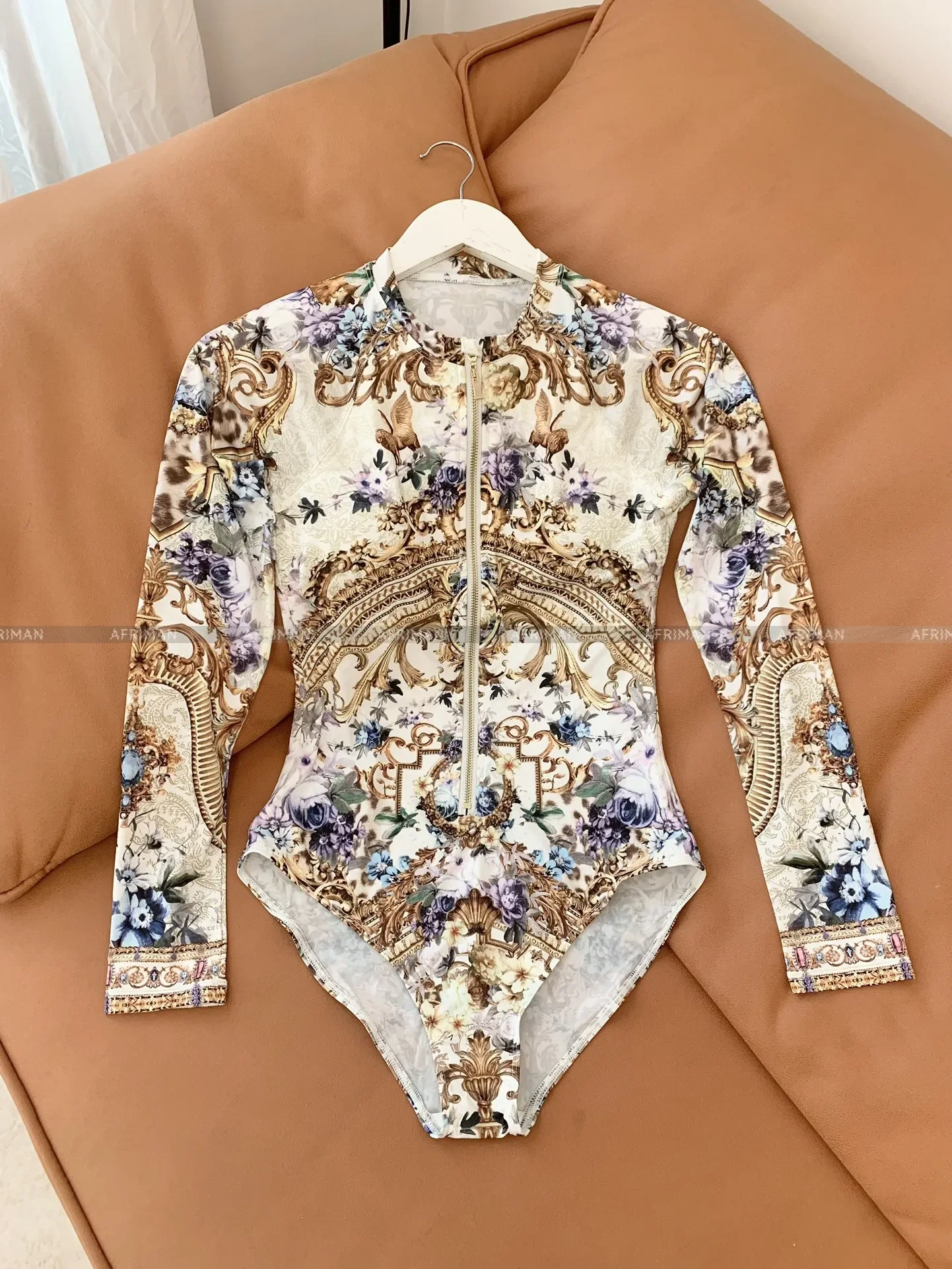 2024 New Women Crystal Beaded Long Sleeve Retro Flower Print One Piece Bikini Swimsuit