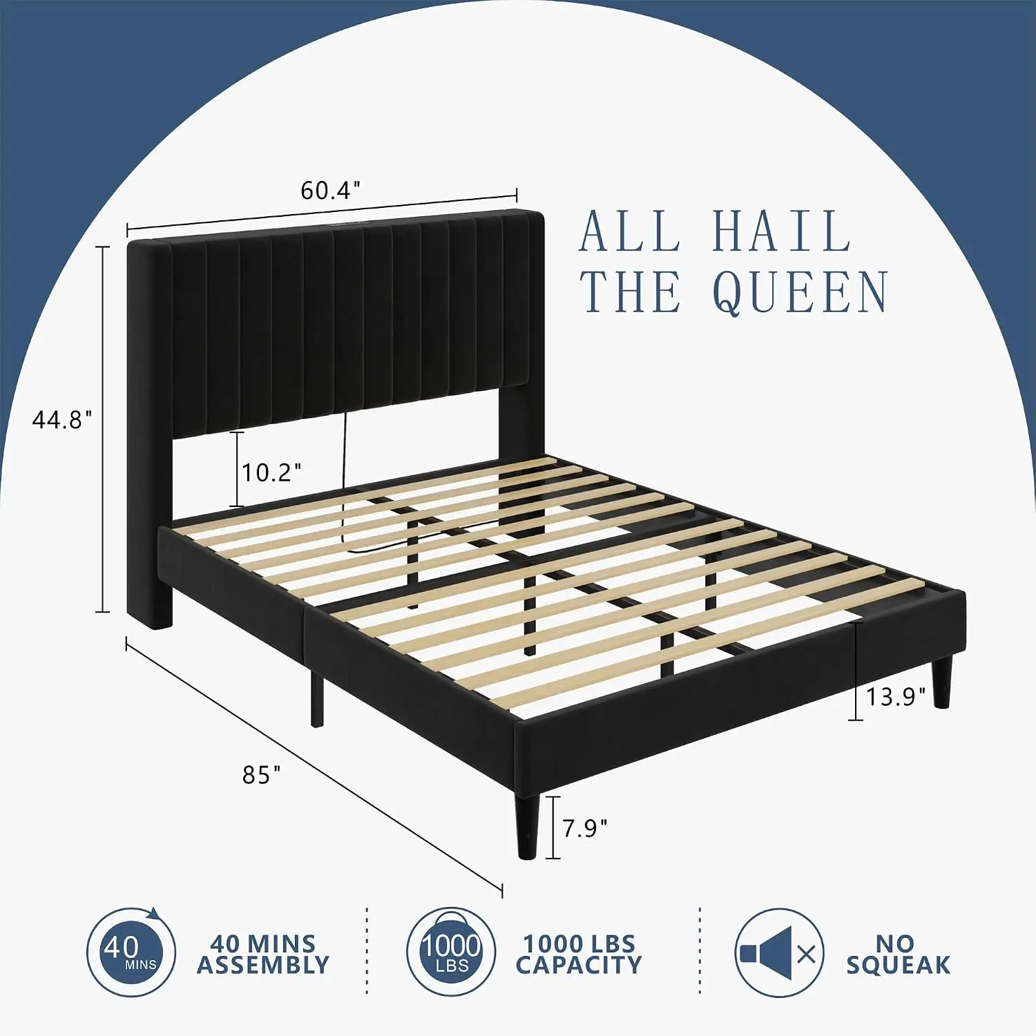 Queen Upholstered Platform Bed Vertical Tufted Headboard Black, Customized