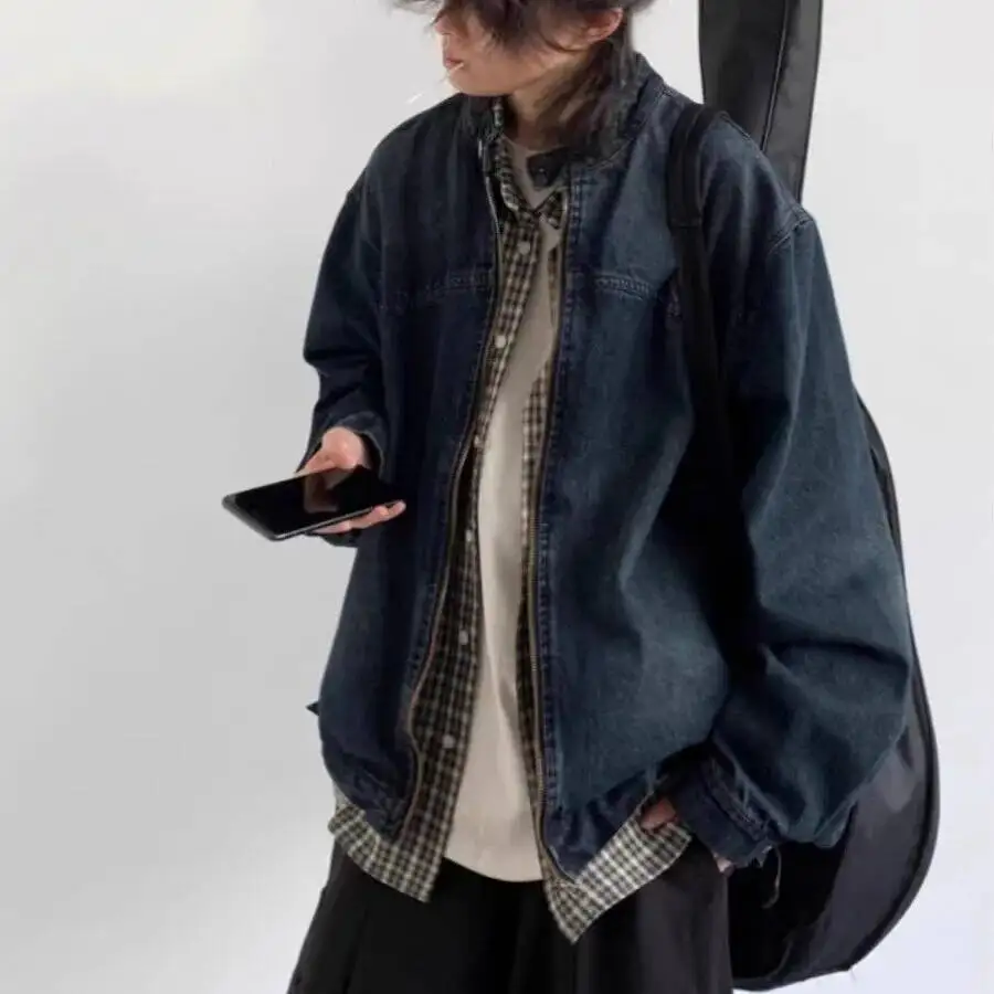 

Vintage Distressed Denim Jacket Men's Loose Casual Versatile American Retro Trendy Open Cardigan Top Coat Spring Autumn