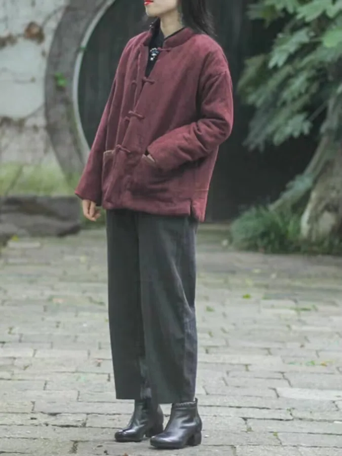 Chaqueta Corta de Aodón para Mujer, Cuello Alto, Botones Bordados, Abrigo Cálido de Invierno, Manga Larga uesa, Corte Reg...