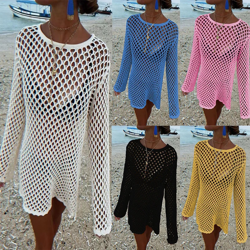 

2026 Women's Knitted Hollow Out Sexy Beach Cover Up Bikini Swimsuit Wrap Cardigan for Vacation Swimming Pool Beachwear Top