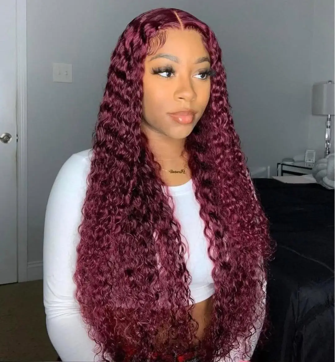 

30-дюймовый 99j Бордовый 13x6 Hd Парик из натуральных волос на кружеве Красный цвет Парик Remy 13x4 Прозрачный кружевной вьющийся парик с глубокими волнами Фронтальный парик