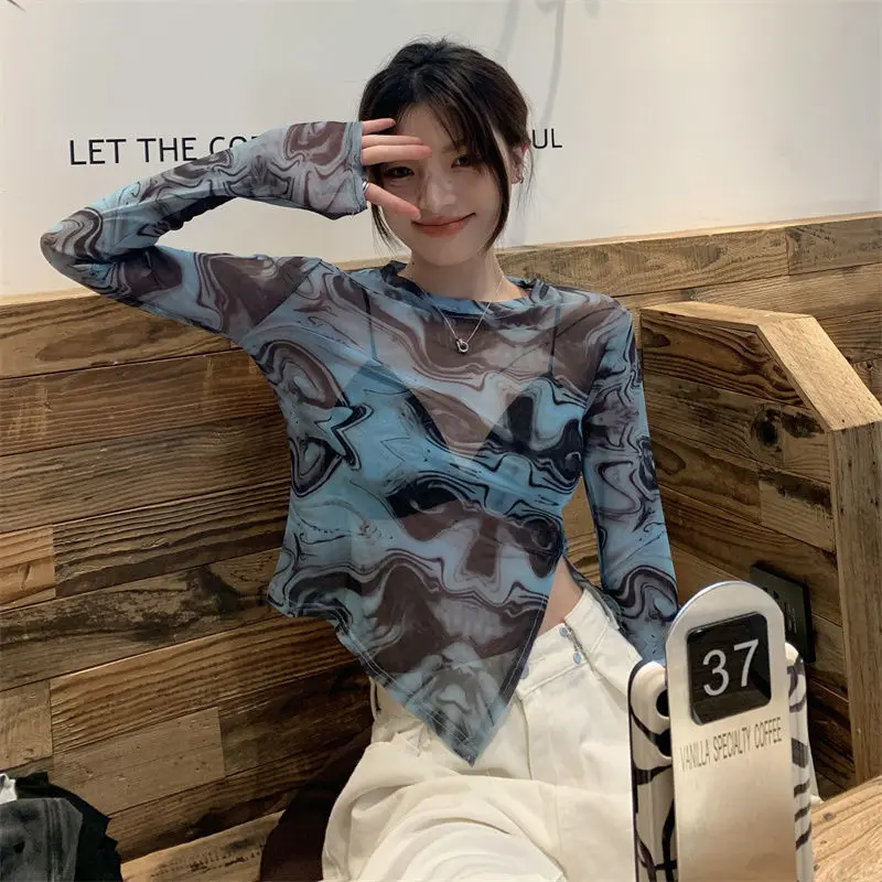 

Tie Dye Net Yarn Split Hem T Shirt Tops Summer New Long Sleeve Asymmetrical Short Pullovers Y2K Fashion Trend Women Clothing