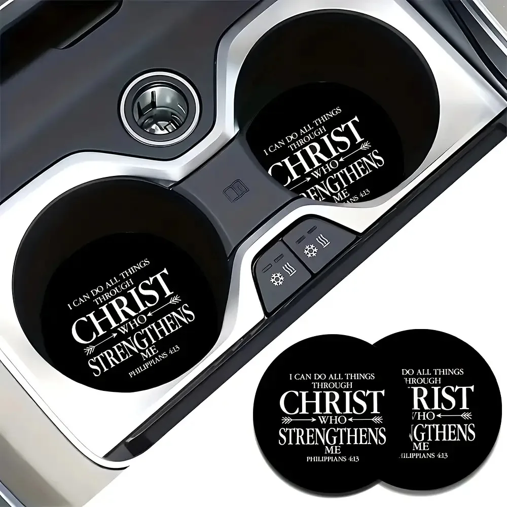 Set Of 2 Stylish Coasters Featuring The Phrase 'I Can Do All Things Through Christ', Designed For Car Cup Holders. These Non-Sli