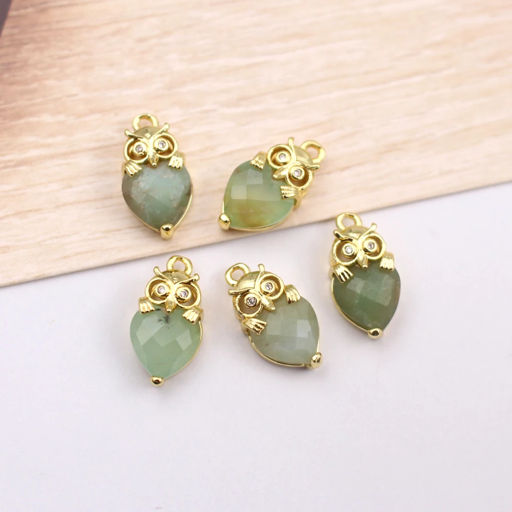 10pcs DIY Jewelry Accessories Owl Shape Natural Labradorite Stone Green Jade Stone Pendant CZ Charms