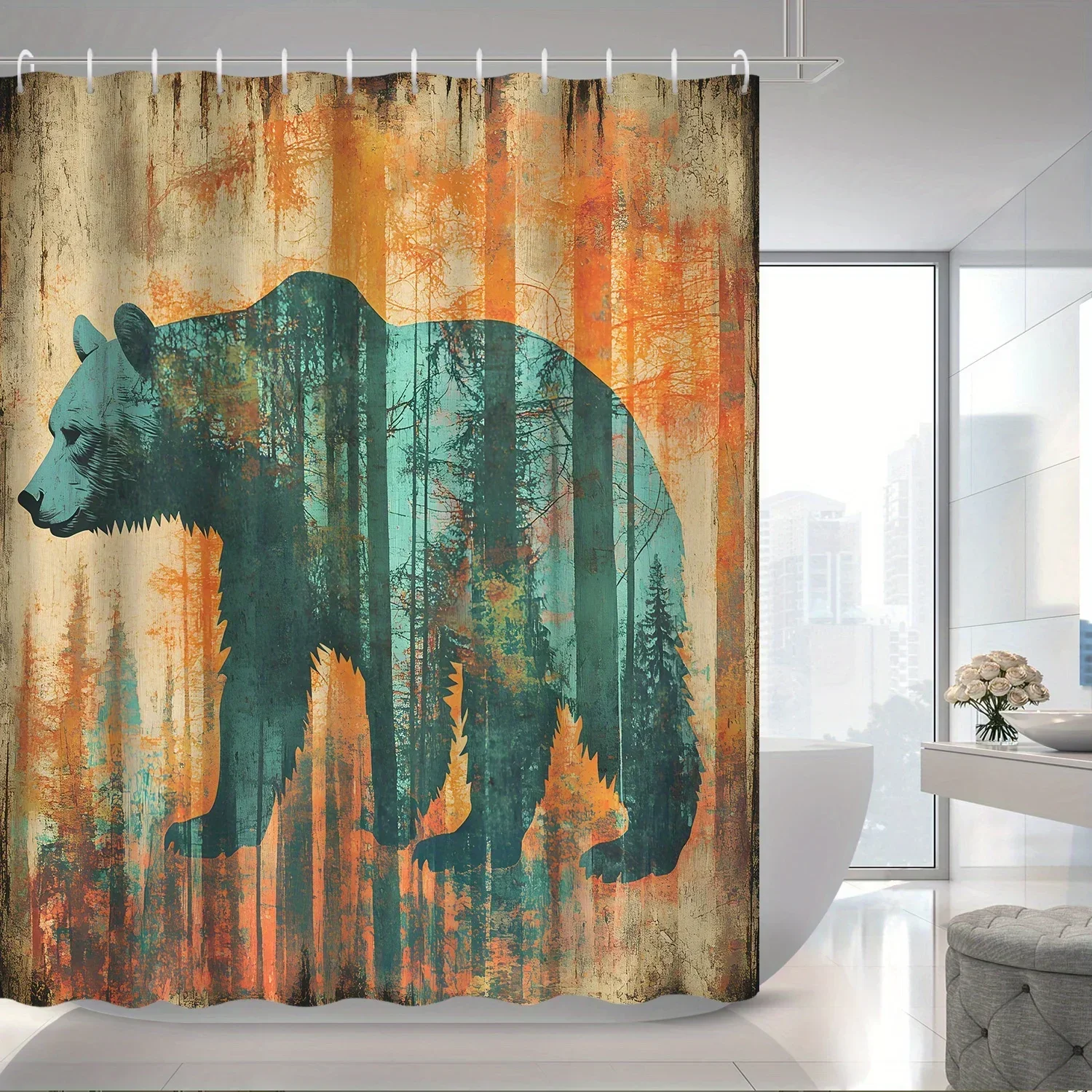 1pc Retro Country Farmhouse Old Forest Trees Fierce Brown Bear Animal Shower Curtain Partition Curtain, Bathroom DecoratiVVV