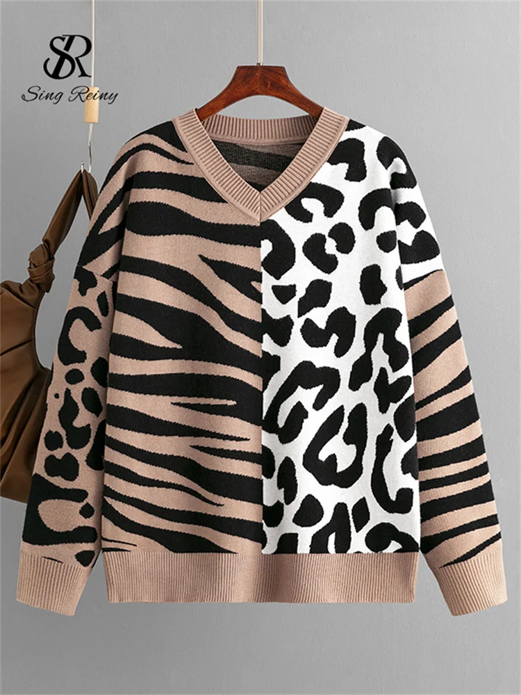 BabYoung Leopard Print Top lavorato a maglia inverno donna scollo a V maniche lunghe maglione caldo Streetwear moda 2023 Pullover Vintage spesso