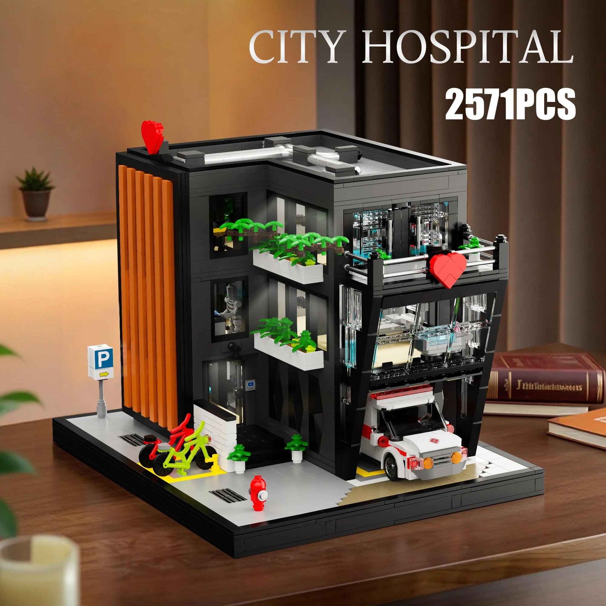 2571PCS City Hospital Building Blocks Set , Compatible Bricks Street View with Lights, Ambulance Model, Creative Collectible Toy