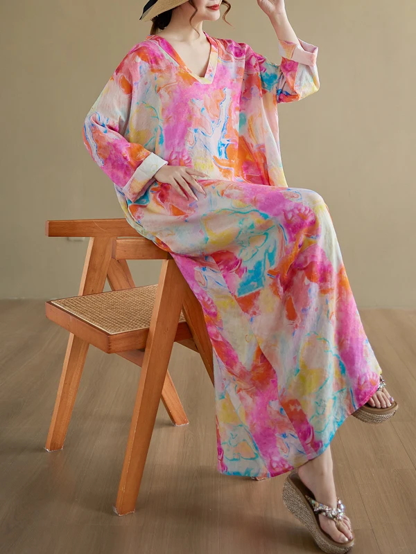 

Свободный крой в стиле ретро, длинный све, хлопково-льняной принт, тонкий халат, повседневная юбка трапециевидной формы, V-Ne, утепленная длинная юбка