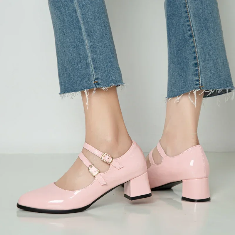 Sweet Red Women Mary Janes Pink Patent Leather Medium Square Heels Round Toe Spring Autumn Dress Office Lady Double Strap Pumps