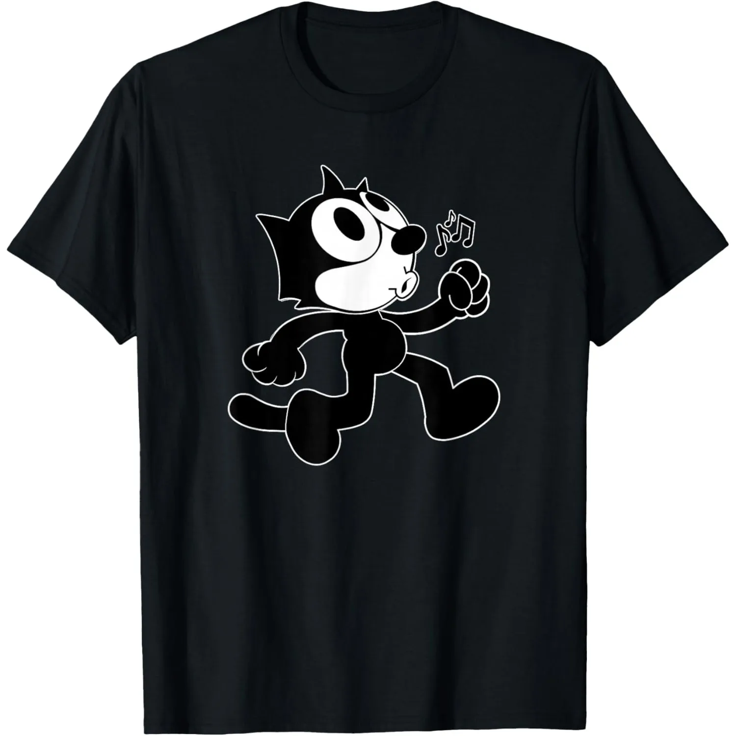 Felix The Cat Whistling Walking Music Notes Graphic Cotton T-Shirt Short Sleeve Crewneck Tee