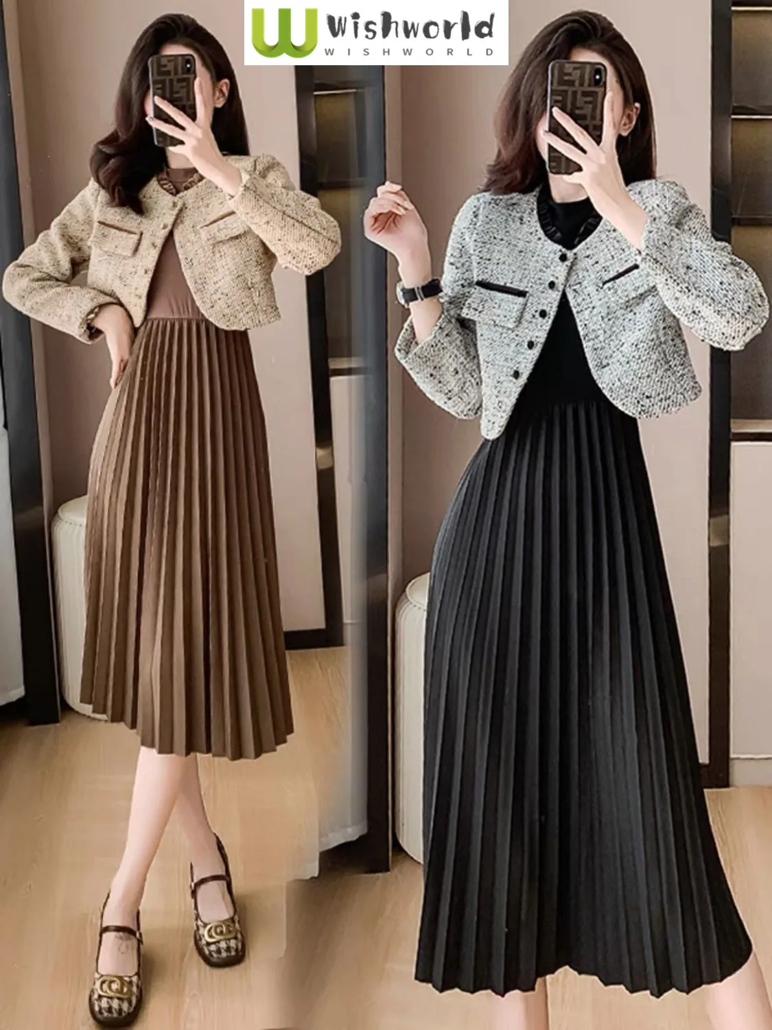 

French Fashion Set Skirt Women's Autumn and Winter New Style High End Small Fragrant Short Coat Hundred Fold Dress Two Piece Set