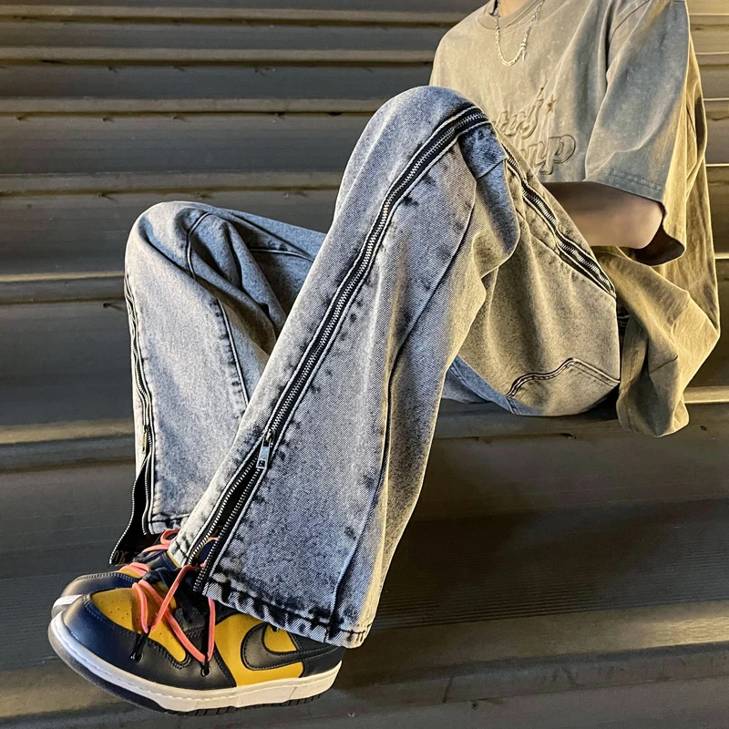 Zipper Deisgn Split Men Denim Pants Boy Chic Unique Distinct Streetwear Pants Night Club Party Personality Music Novelty Trouser