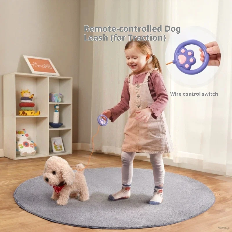 Tumama Electric Plush Dog Simulation Pet Plush Toy Walking Barking Wagging Tail Wired Remote Leash Stuffed Doll For Indoor Play