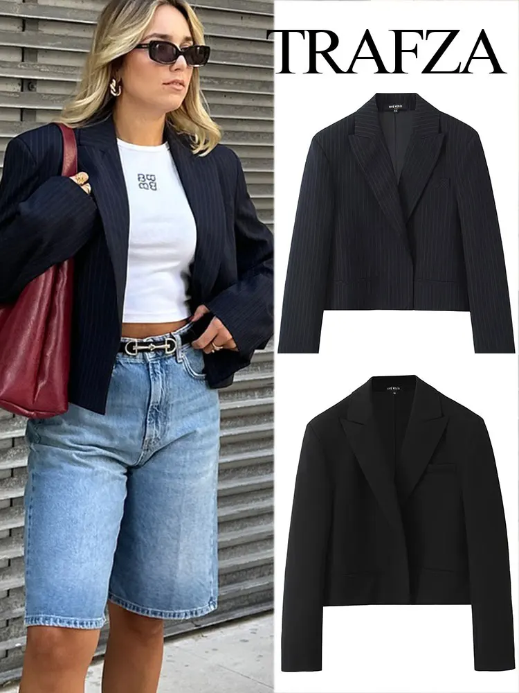 TRAFZA 2024 Women's Autumn Fashion Short Jacket Tops Retro Lapel Commuting Blazer Women's Pocket Decorated Slim Street Jacket