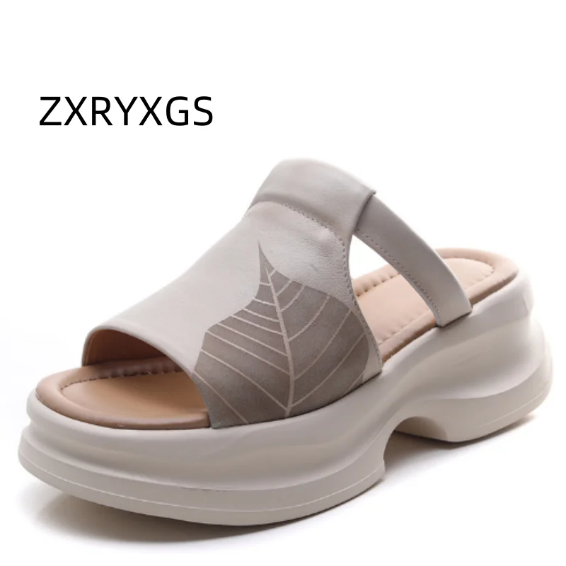 

ZXRYXGS 2025 Superior Cowhide Elegance Fashion Slipper Sandals Thick Sole Light Wedges Slippers Heightening Shoes Woman Sandals