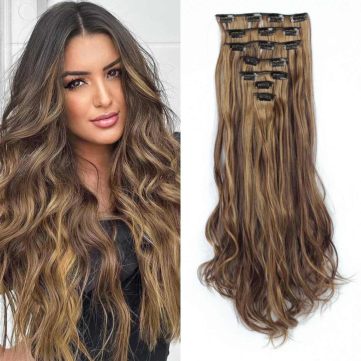 

22 inch women's hair extension 7 natural synthetic clip style hair extension double weft long wavy hair clip inner hair