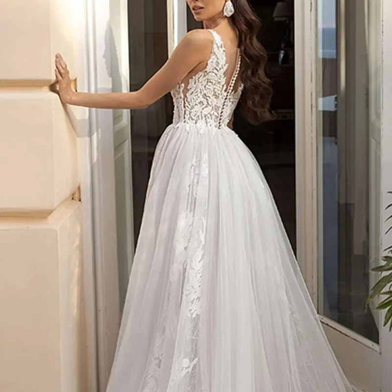 Robes de mariée A-ligne à col en V, robe longueur au sol, fibroPatients, robes en tulle, quelles que soient les appliques pour la fête formelle, personnalisées, 2025