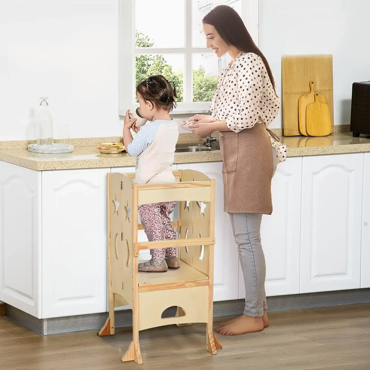 Wooden Kitchen Step Stool for Kids, Foldable Toddler Tower, Helper Stool for Kitchen Counter with Support Handles Safety Rail, N