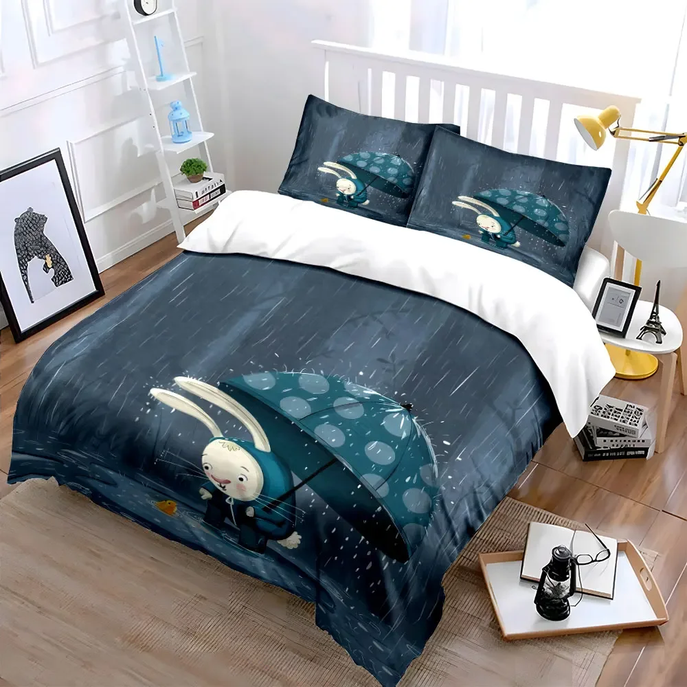 Rabbit Rainy Outdoor Decoration Set Soft Comfortable Duvet Cover Bedding Set Included 1*Duvet Cover & 2*Pillowcases, gift