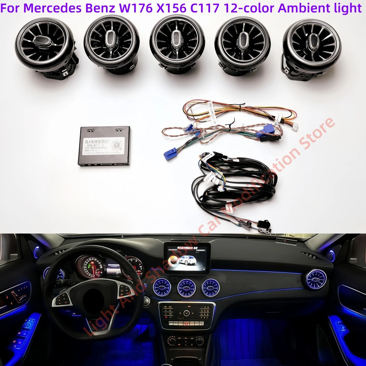

Автомобильный светодиодный окружающий свет для Mercedes-Benz GLA W176 CLA C117 GLA X156, 12-цветные вентиляционные отверстия, 4D динамики, полоса света двери, экран управления