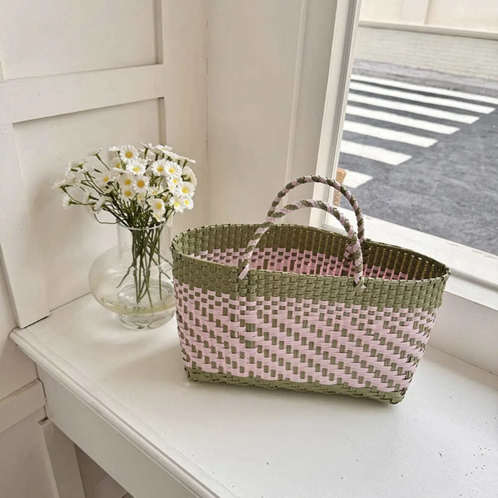 

Trendy PVC Handbag Weave Bag Countryside Style Bohemian Beach Tote Bag Large Capacity Bucket Bag Vegetable Basket Bag Shopping