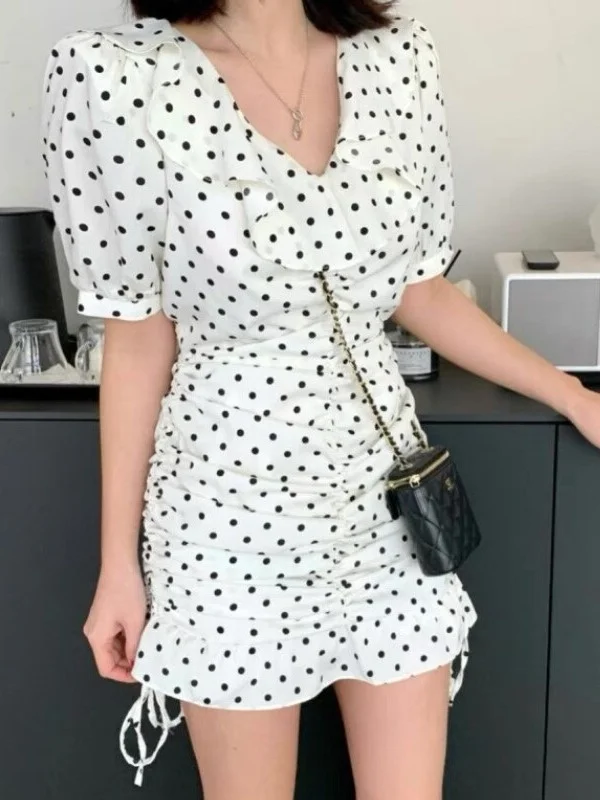 Polka Dot Waist Cinching V Neck Rope Dress Korean Style Spring Autumn Winter Dress for Women Girls Students Casual Wear