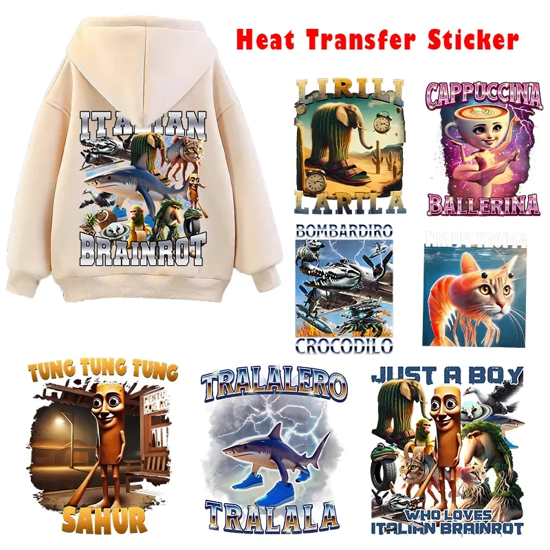 Italian Brainrot Iron on Patch Tung Sahur Decals Heat Thermo Adhesive Thermal Transfer Kids T Shirt Telala Funny Decor Sticker